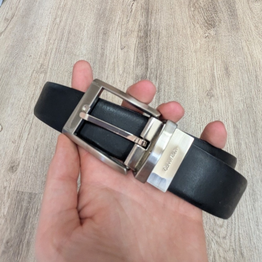 Calvin Klein Black Genuine Leather Belt Silver Square Buckle Size 36